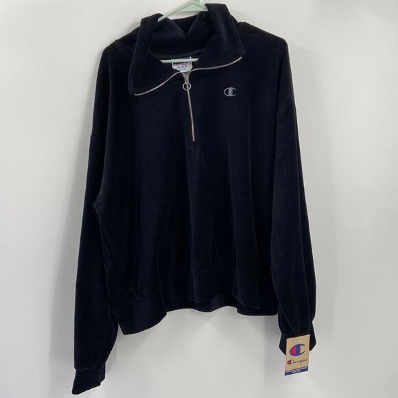 NWT Champion Small C Satin Black Velour Quarter Zip Sweatshirt - Picture 1 of 5